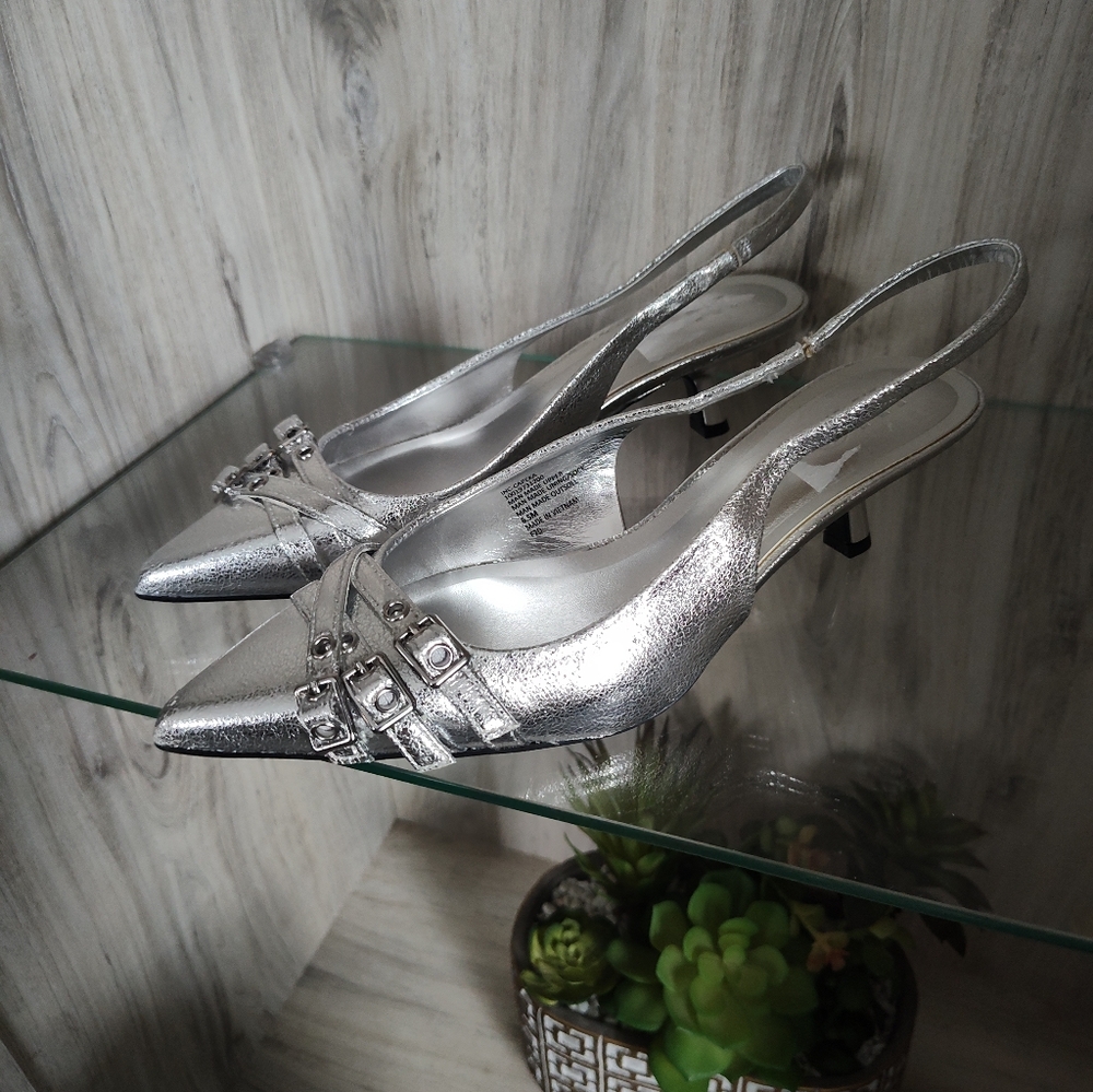 INC Silver Pointed-Toe Slingback Heels with Buckle Detail